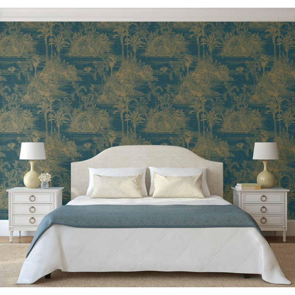 DUTCH WALLCOVERINGS Wallpaper Tropical Dark Blue and Gold