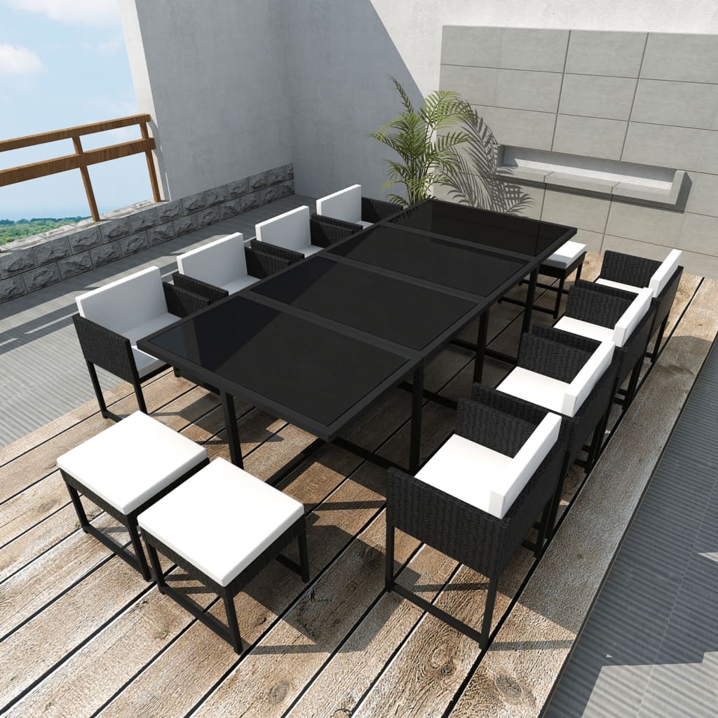 Berkfield 13 Piece Outdoor Dining Set with Cushions Poly Rattan Black