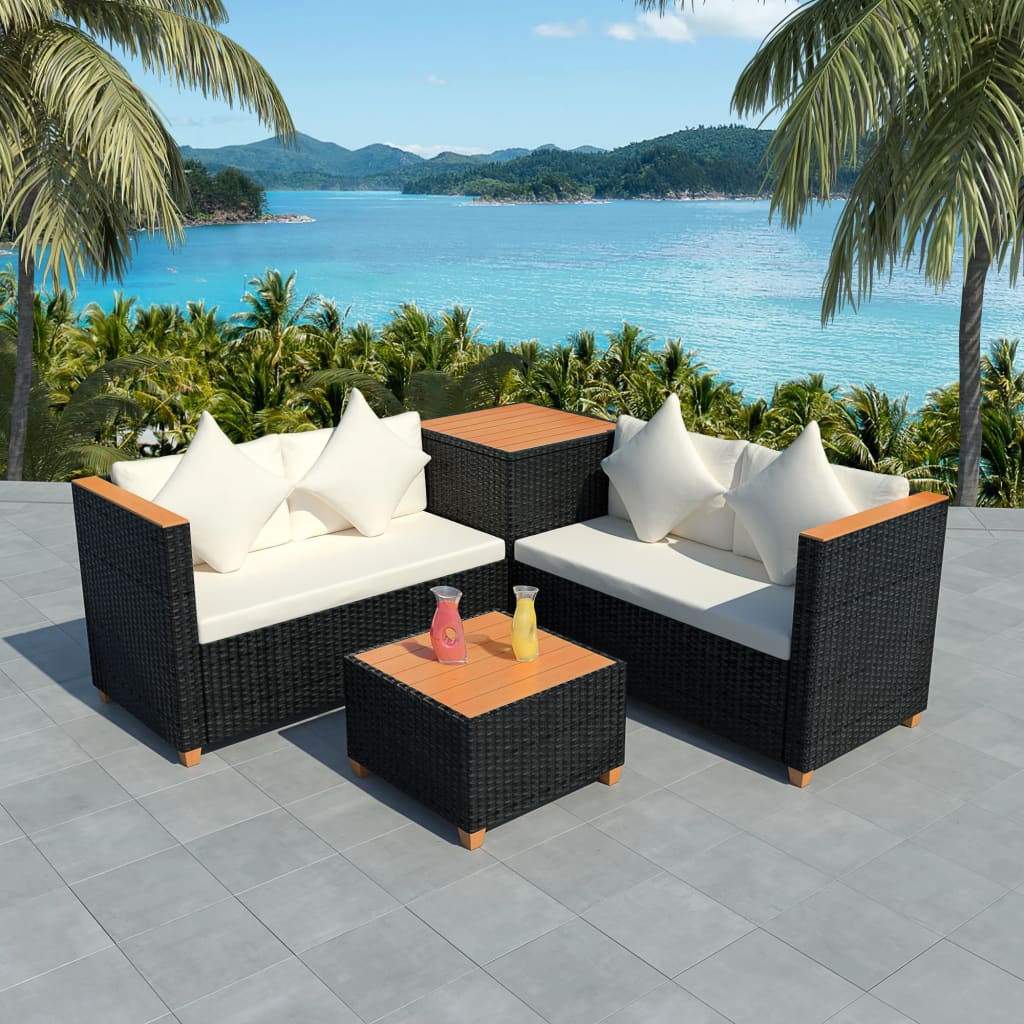 Berkfield 4 Piece Garden Lounge Set with Cushions Poly Rattan Black