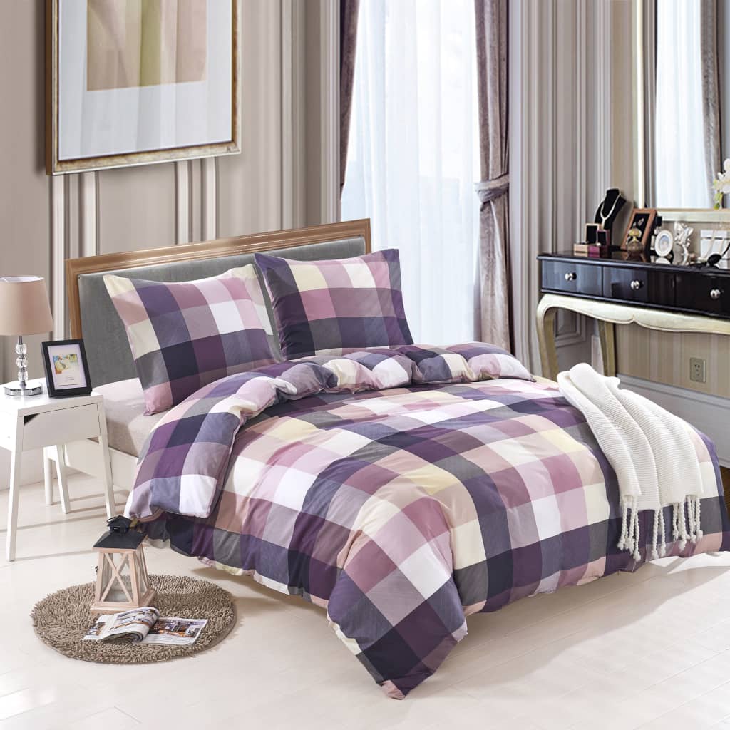 Berkfield Duvet Cover Set Purple Checkered Print 155x220/80x80 cm