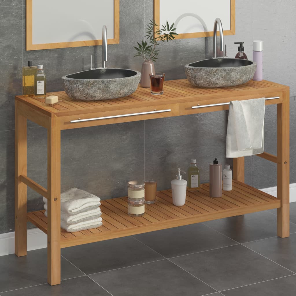 Berkfield Bathroom Vanity Cabinet Solid Teak with Riverstone Sinks