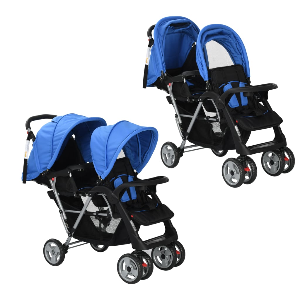 Berkfield Tandem Stroller Steel Blue and Black