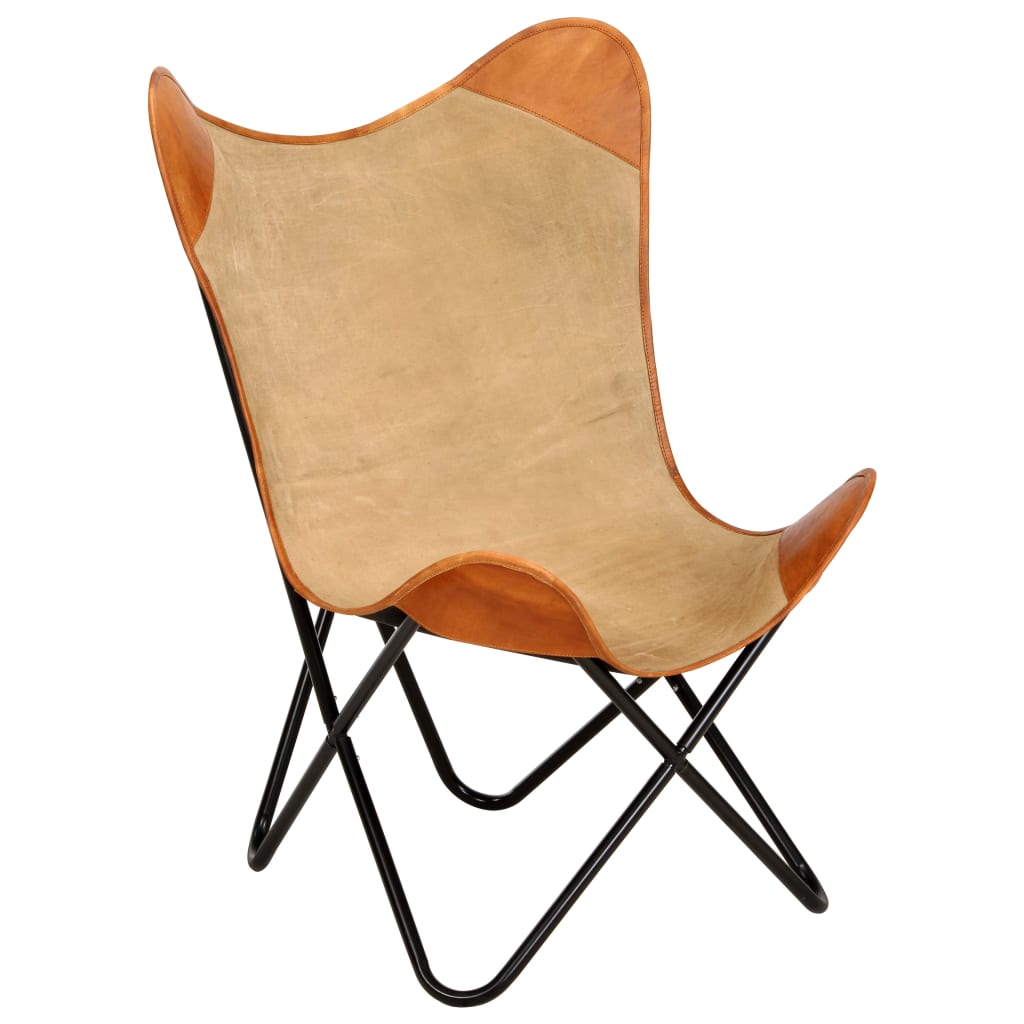Berkfield Butterfly Chair Brown Real Leather and Canvas