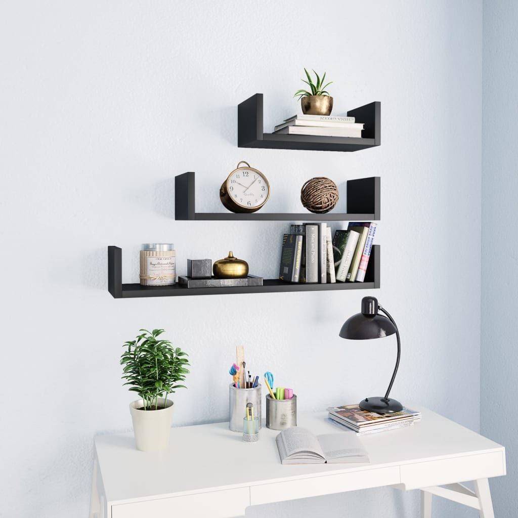 Berkfield Wall Display Shelf 3 pcs Black Engineered Wood