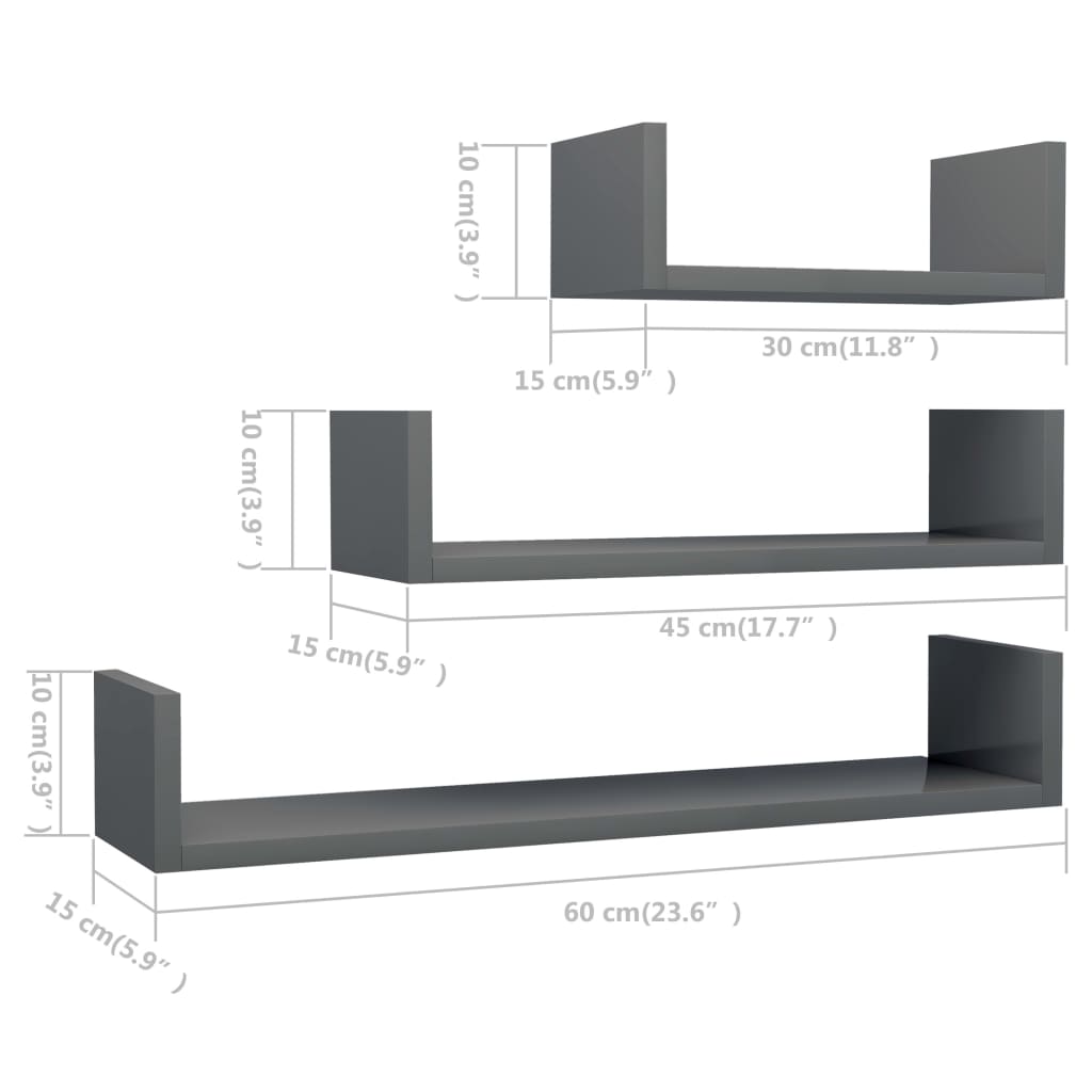 Berkfield Wall Display Shelf 3 pcs High Gloss Grey Engineered Wood