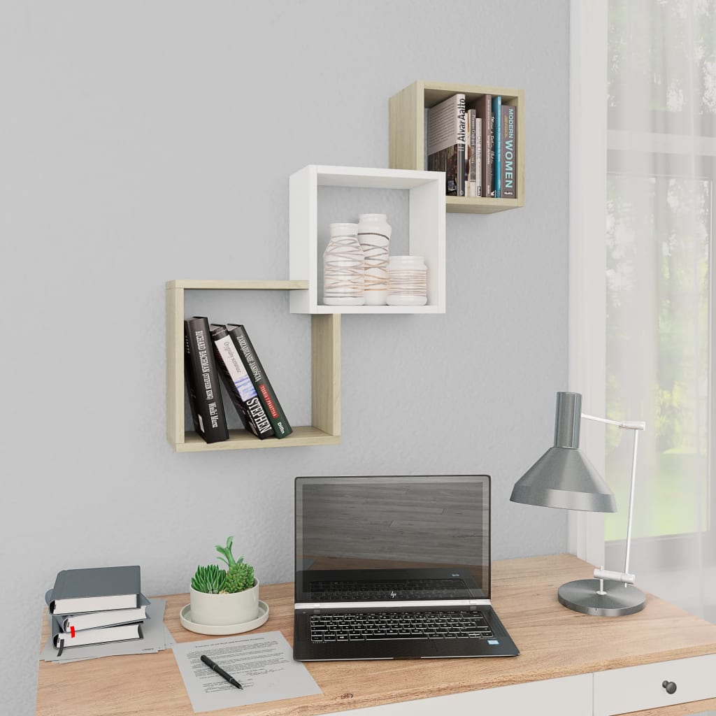 Berkfield Cube Wall Shelf White and Sonoma Oak 68x15x68 cm Engineered Wood