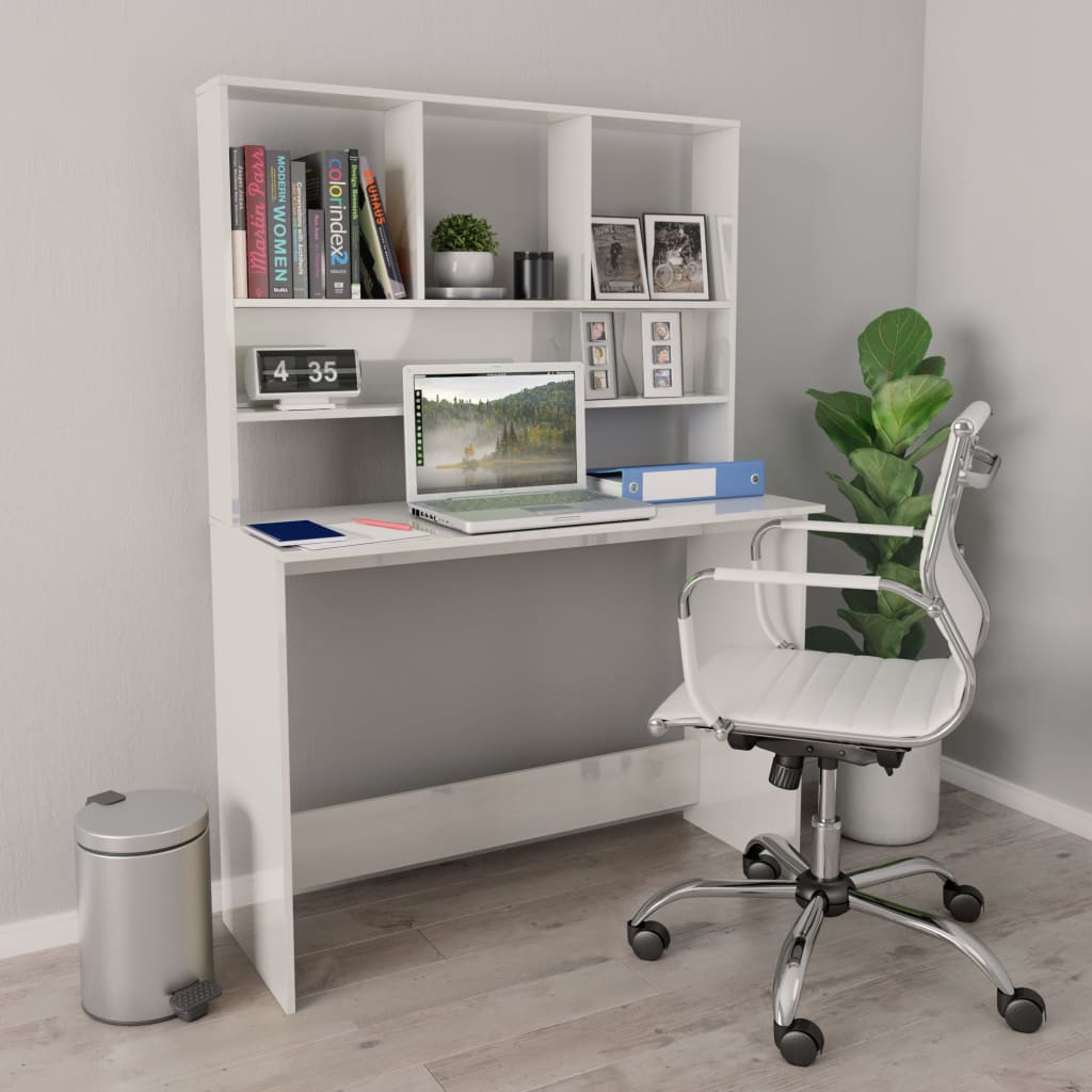 Berkfield Desk with Shelf High Gloss White 110x45x157 cm Engineered Wood