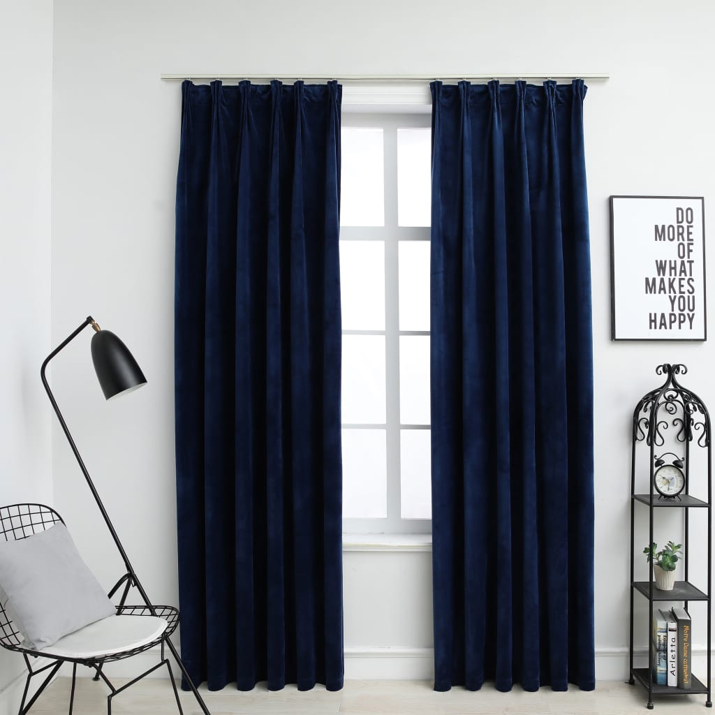 Berkfield Blackout Curtains 2 pcs with Hooks Velvet Dark Blue 140x175 cm