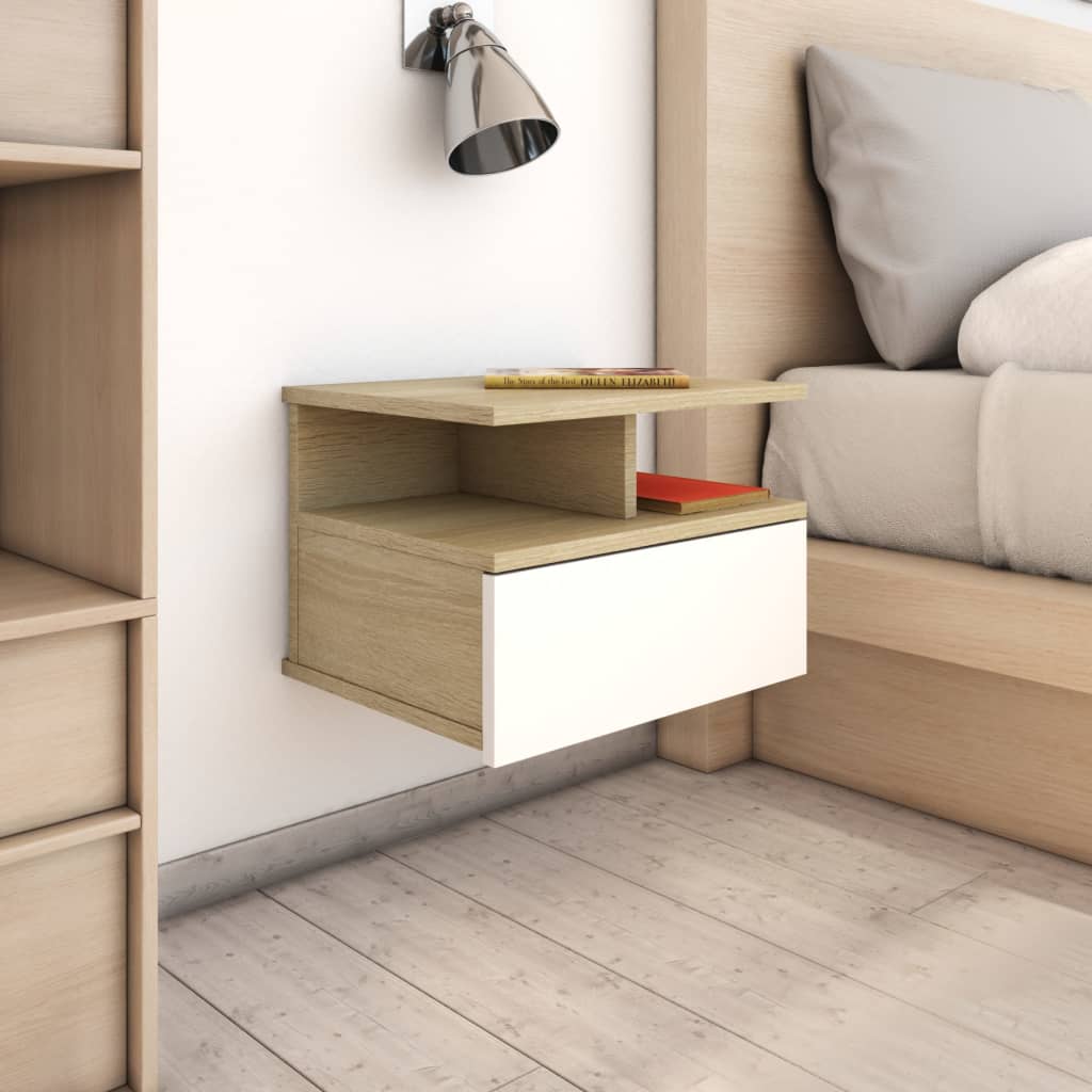 Berkfield Floating Nightstand White and Sonoma Oak 40x31x27cm Engineered Wood