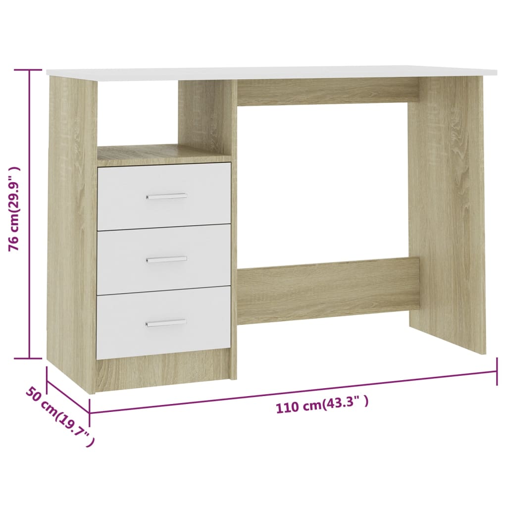 Berkfield Desk with Drawers White and Sonoma Oak 110x50x76 cm Engineered Wood