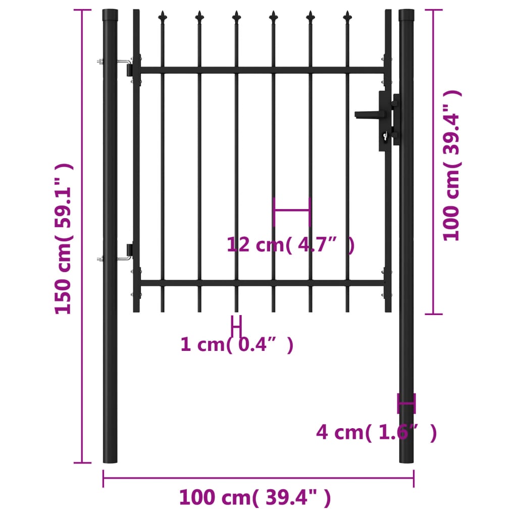 Berkfield Fence Gate Single Door with Spike Top Steel 1x1 m Black