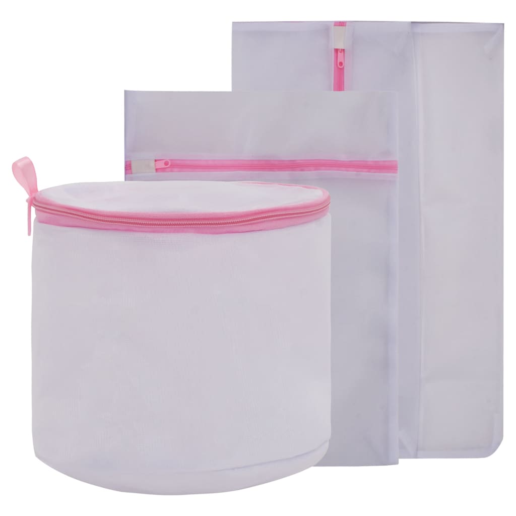 Berkfield 3 Piece Mesh Laundry Bag Set White and Pink