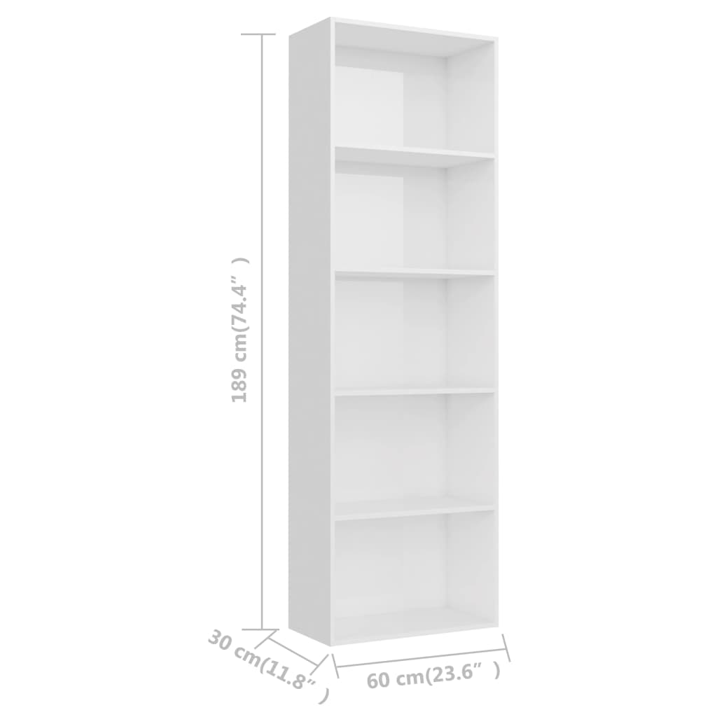 Berkfield 5-Tier Book Cabinet High Gloss White 60x30x189 cm Engineered Wood