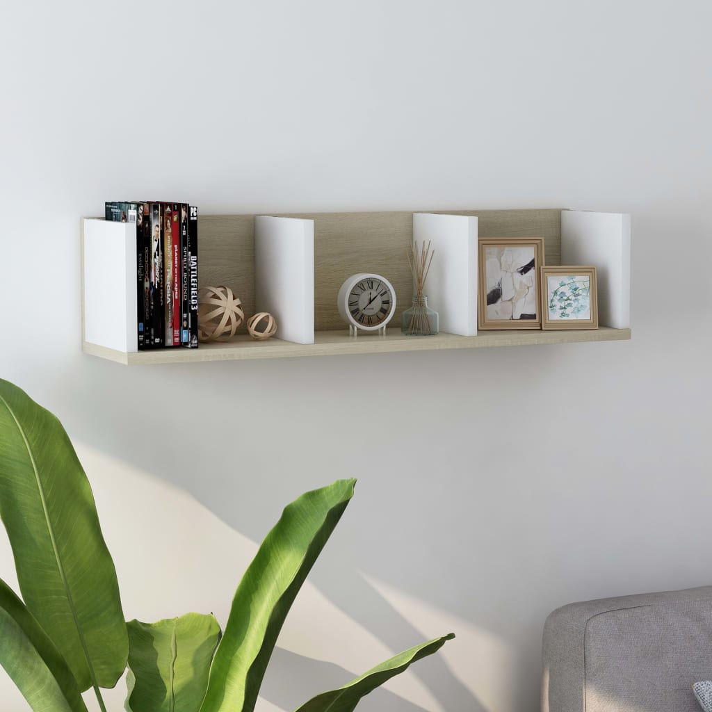 Berkfield CD Wall Shelf White and Sonoma Oak 75x18x18 cm Engineered Wood