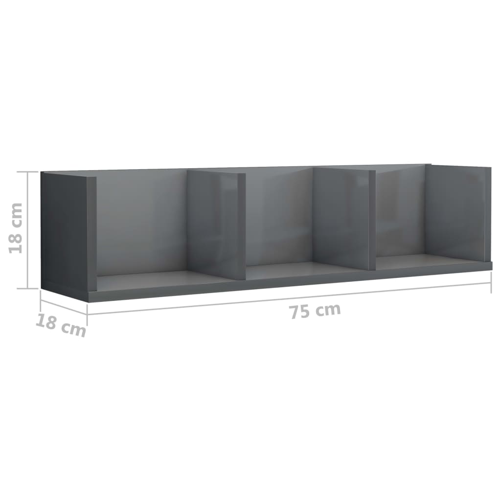 Berkfield CD Wall Shelf High Gloss Grey 75x18x18 cm Engineered Wood