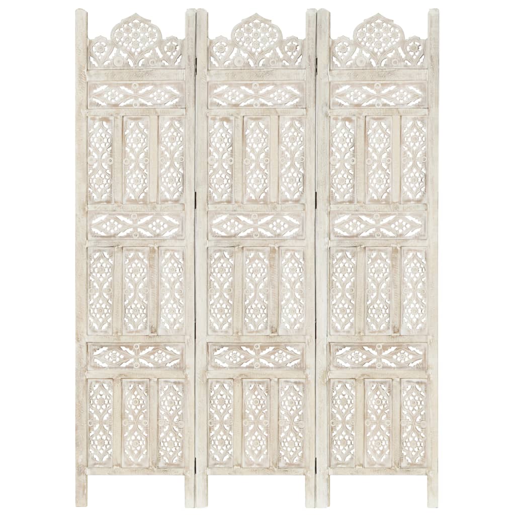 Berkfield Hand carved 3-Panel Room Divider White 120x165 cm Solid Mango Wood