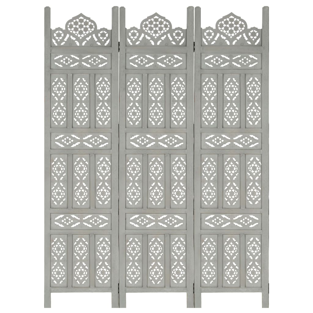 Berkfield Hand carved 3-Panel Room Divider Grey 120x165 cm Solid Mango Wood