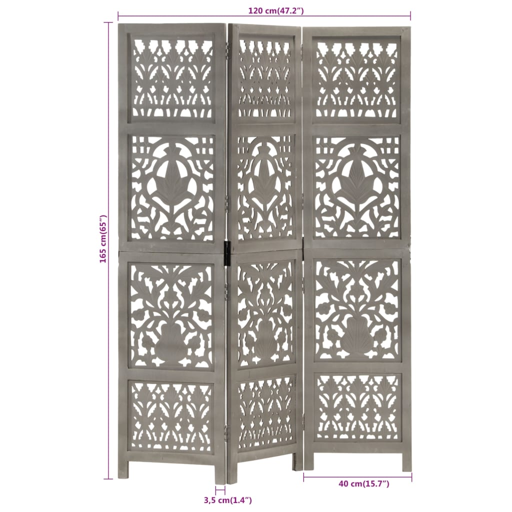Berkfield Hand Carved 3-Panel Room Divider Grey 120x165 cm Solid Mango Wood
