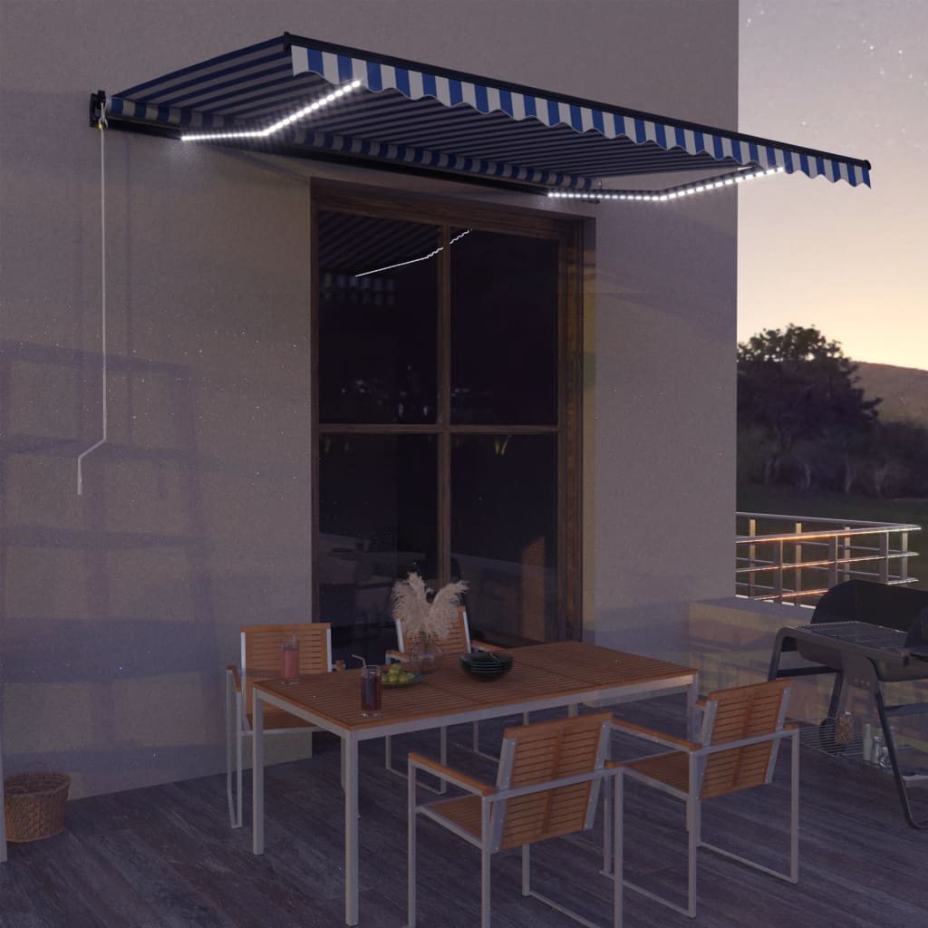 Berkfield Manual Retractable Awning with LED 450x300 cm Blue and White