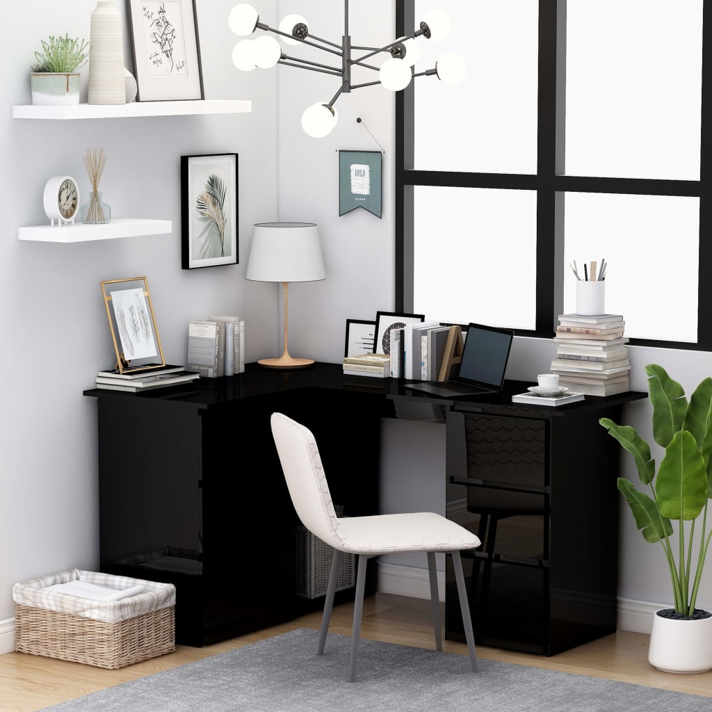 Berkfield Corner Desk High Gloss Black 145x100x76 cm Engineered Wood