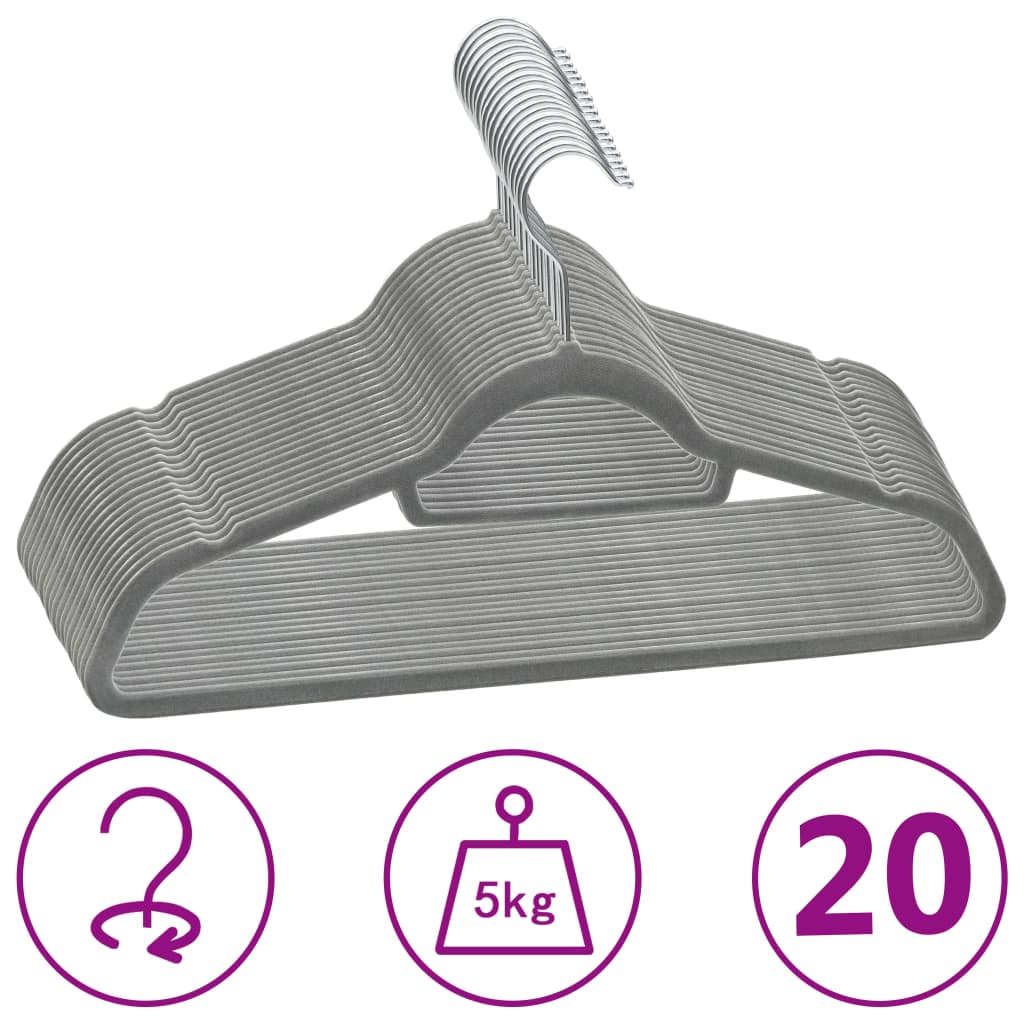 Berkfield 20 pcs Clothes Hanger Set Anti-slip Grey Velvet