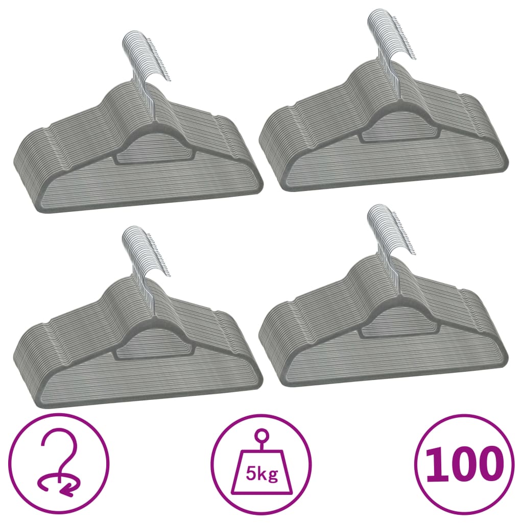 Berkfield 100 pcs Clothes Hanger Set Anti-slip Grey Velvet