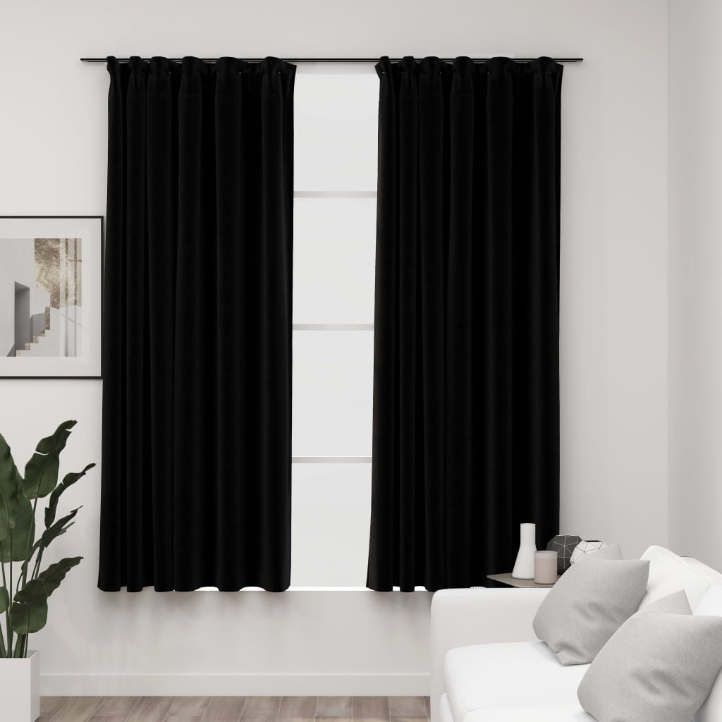Berkfield Linen-Look Blackout Curtains with Hooks 2 pcs Black 140x175 cm