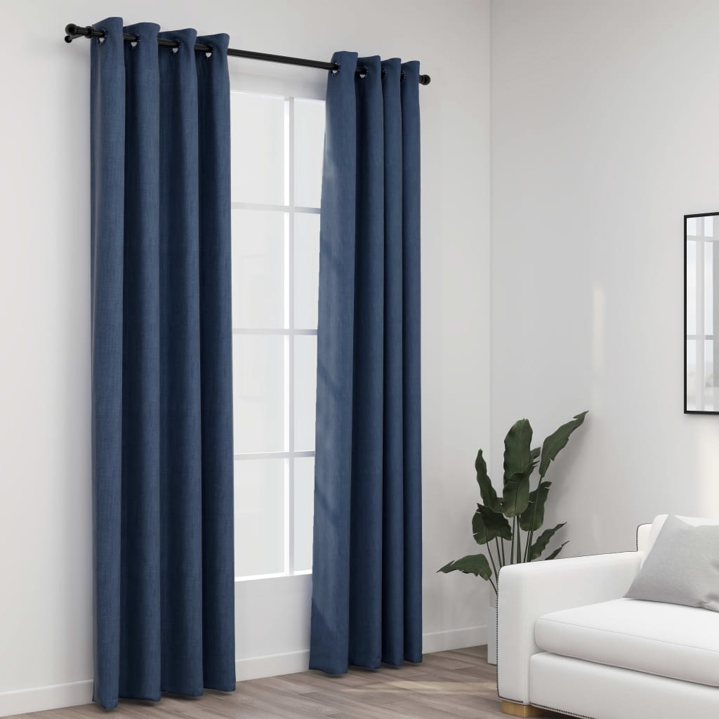 Berkfield Linen-Look Blackout Curtains with Grommets 2 pcs Blue 140x225cm
