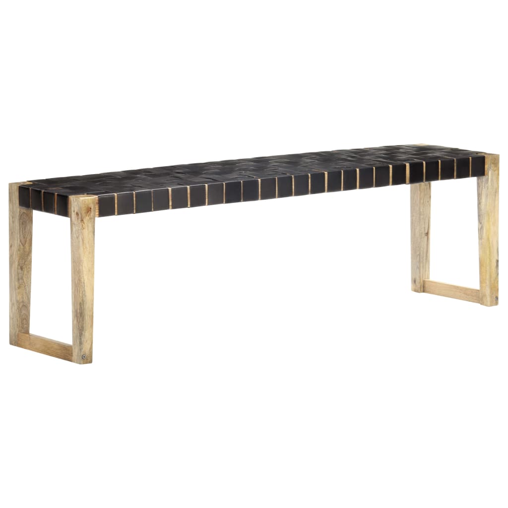Berkfield Bench 150 cm Black Real Leather and Solid Mango Wood