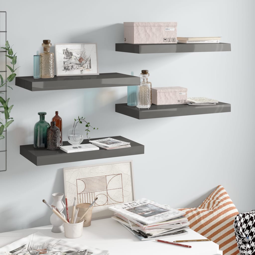 Berkfield Floating Wall Shelves 4 pcs High Gloss Grey 50x23x3.8 cm MDF