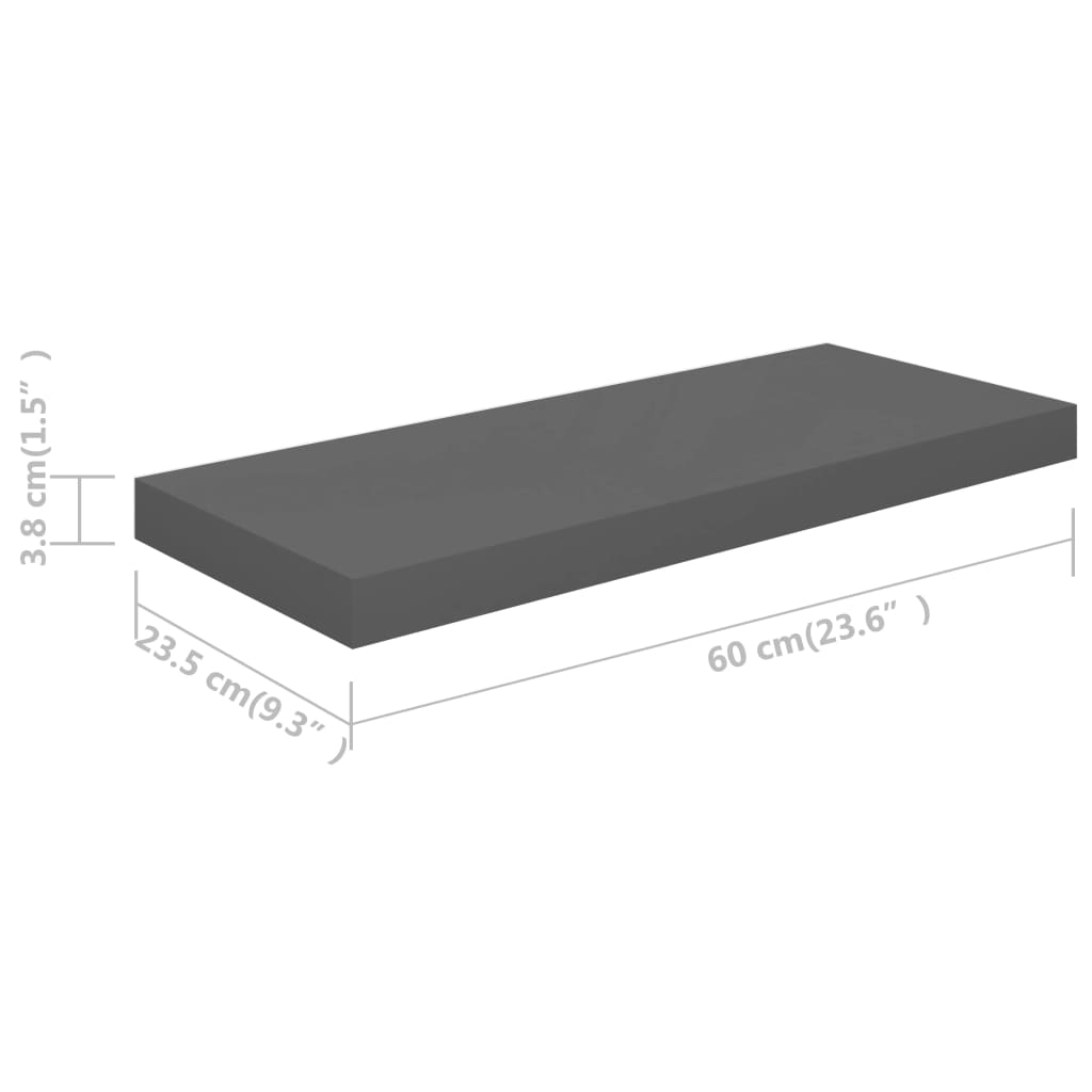 Berkfield Floating Wall Shelves 2 pcs High Gloss Grey 60x23.5x3.8 cm MDF