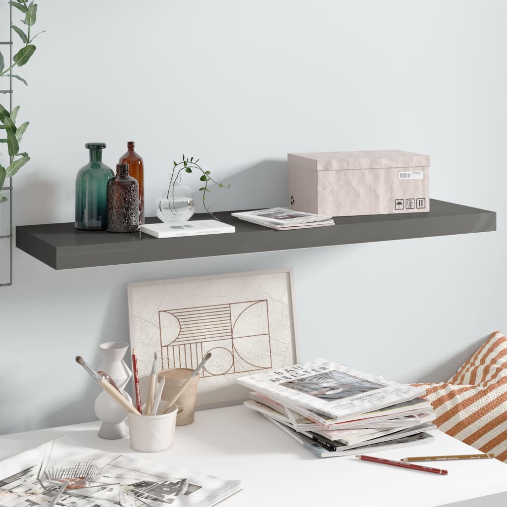 Berkfield Floating Wall Shelf High Gloss Grey 90x23.5x3.8 cm MDF