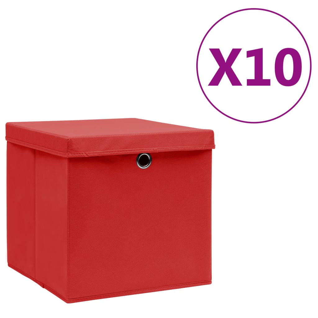 Berkfield Storage Boxes with Covers 10 pcs 28x28x28 cm Red