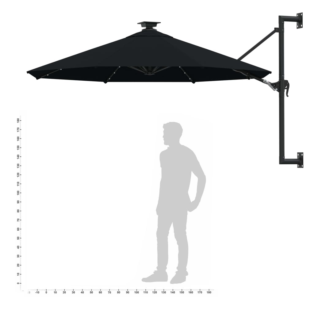 Berkfield Wall-mounted Parasol with LEDs and Metal Pole 300 cm Black