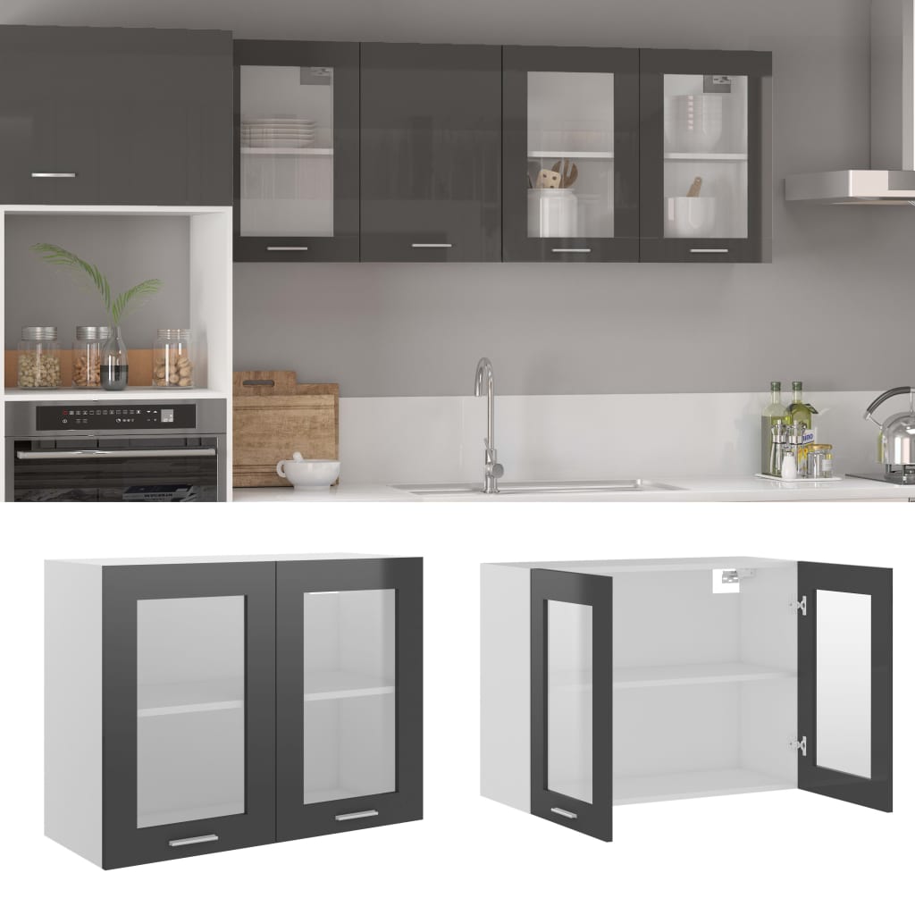 Berkfield Hanging Glass Cabinet High Gloss Grey 80x31x60 cm Engineered Wood