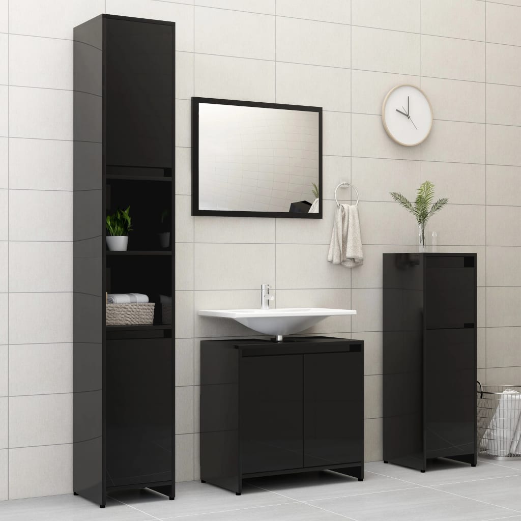 Berkfield 4 Piece Bathroom Furniture Set High Gloss Black Engineered Wood
