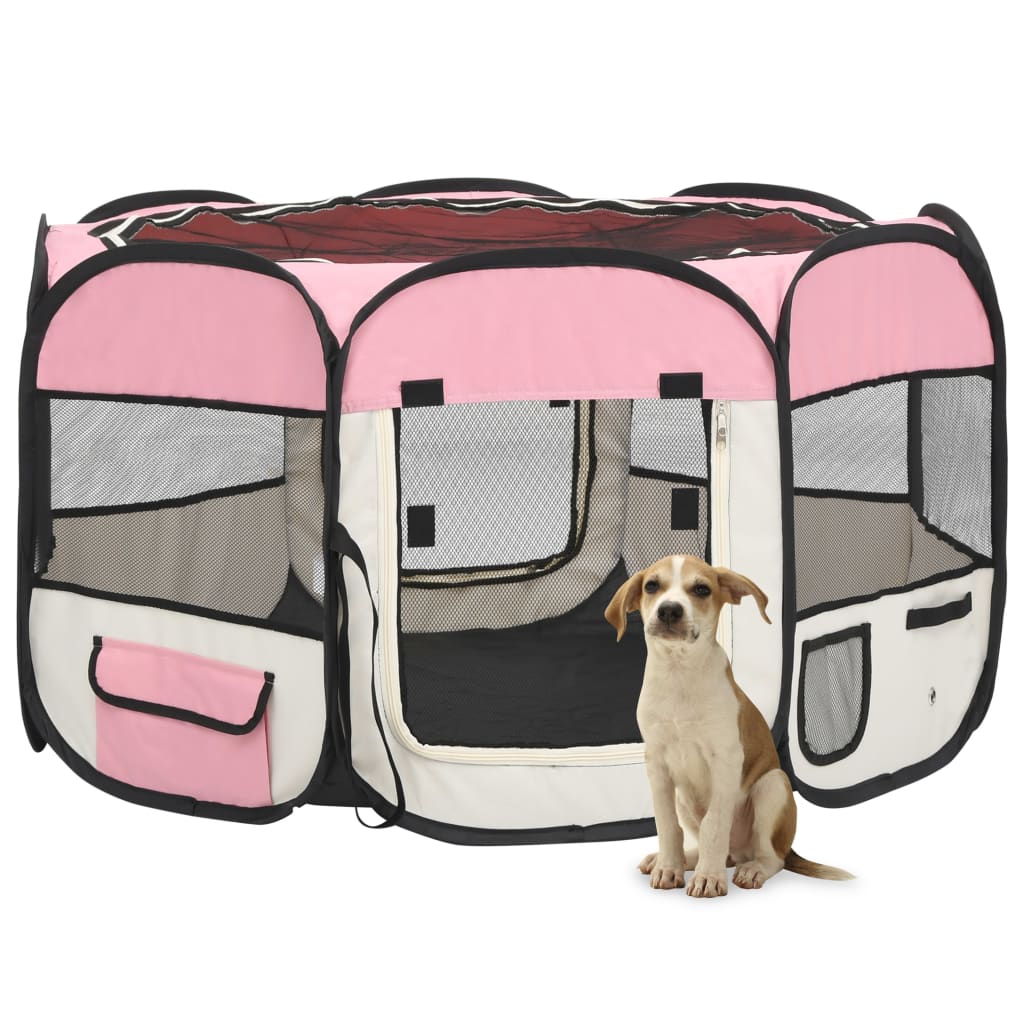 Berkfield Foldable Dog Playpen with Carrying Bag Pink 110x110x58 cm