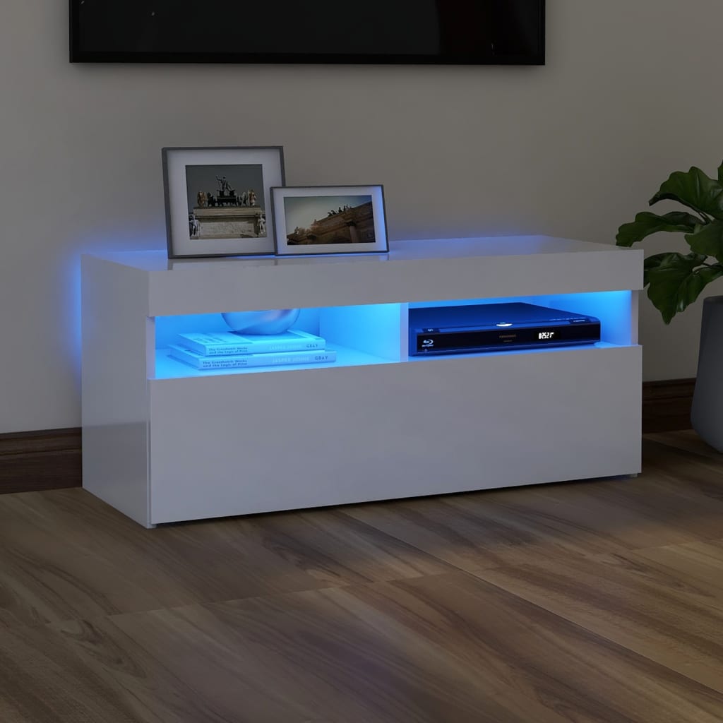 Berkfield TV Cabinet with LED Lights High Gloss White 90x35x40 cm