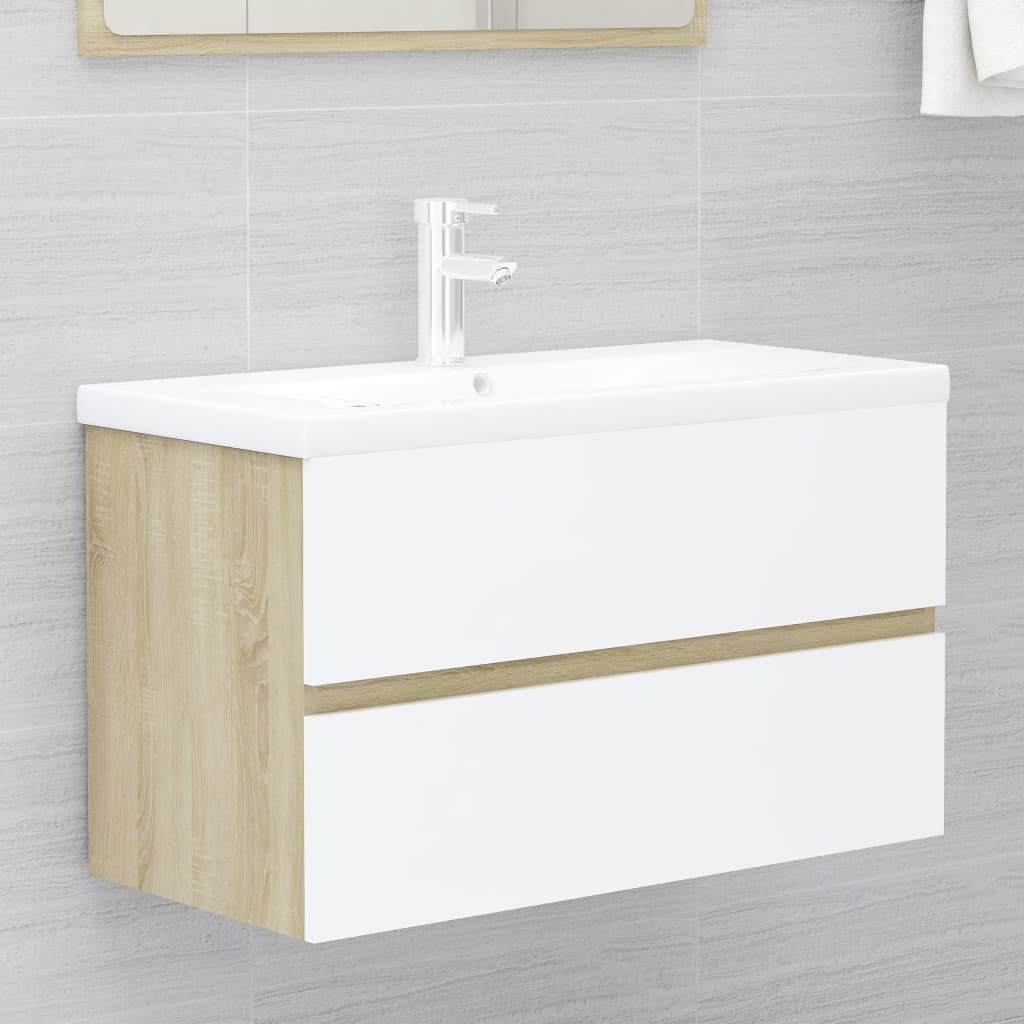 Berkfield Sink Cabinet White and Sonoma Oak 80x38.5x45 cm Engineered Wood