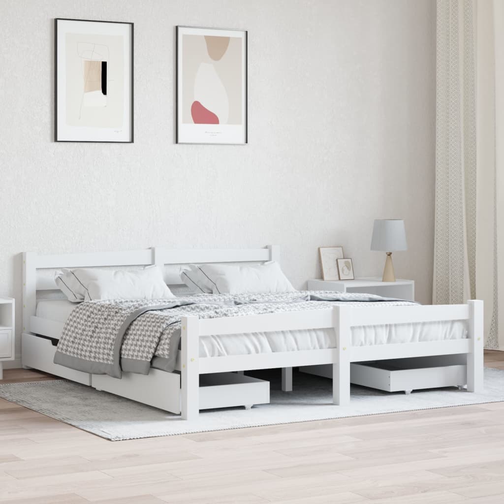 Berkfield Bed Frame with 4 Drawers White Solid Pinewood 160x200 cm