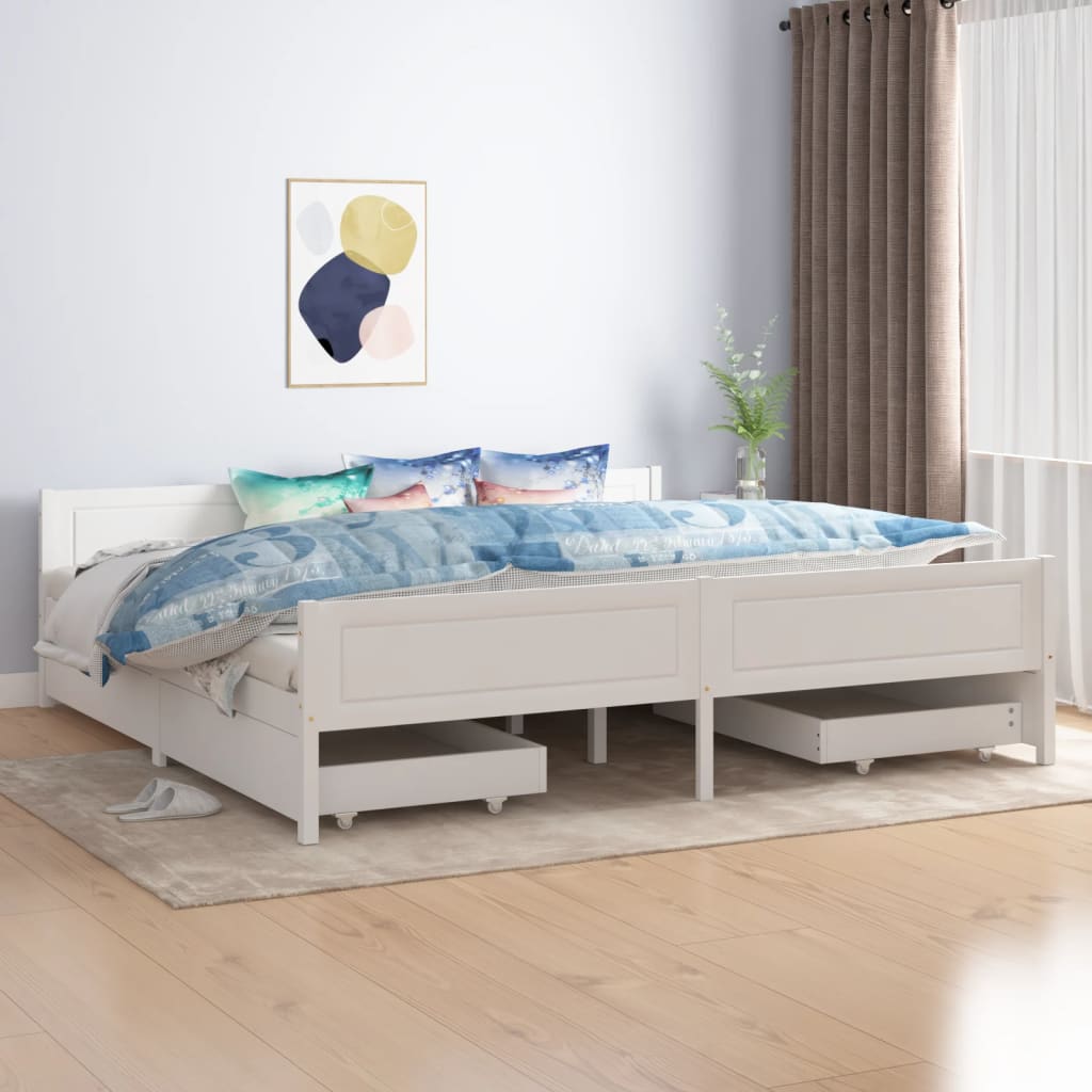 Berkfield Bed Frame with 4 Drawers White Solid Wood Pine 200x200 cm