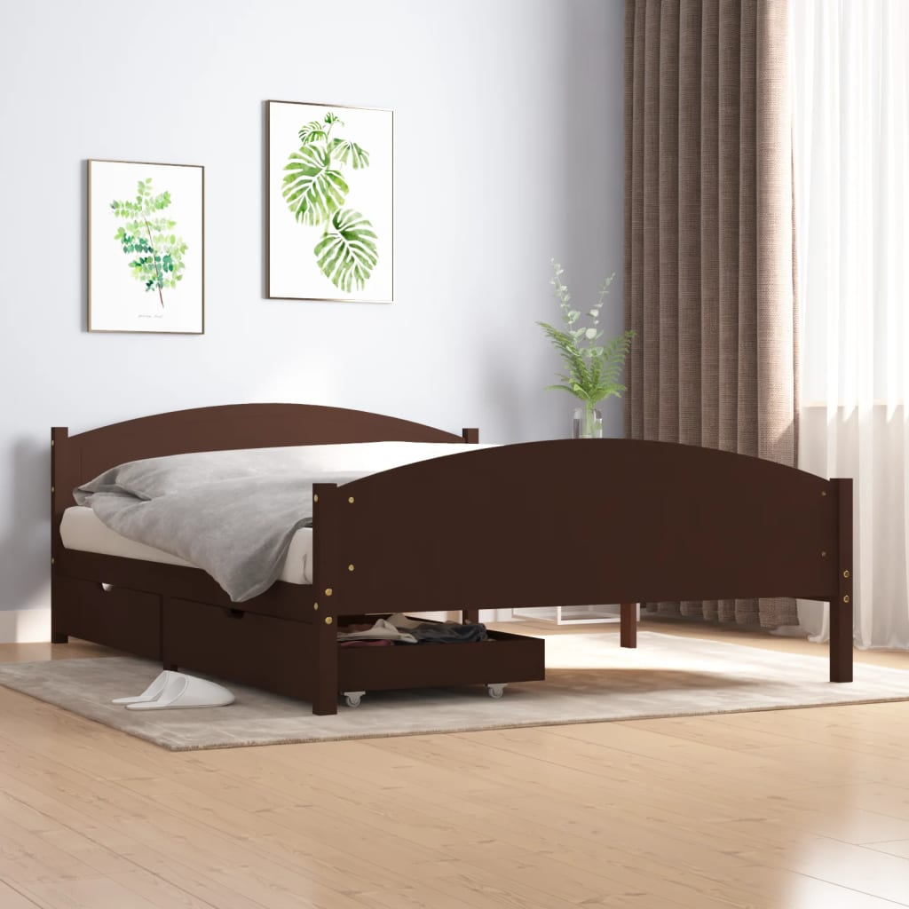 Berkfield Bed Frame with 2 Drawers Dark Brown 140x200 cm Solid Wood Pine