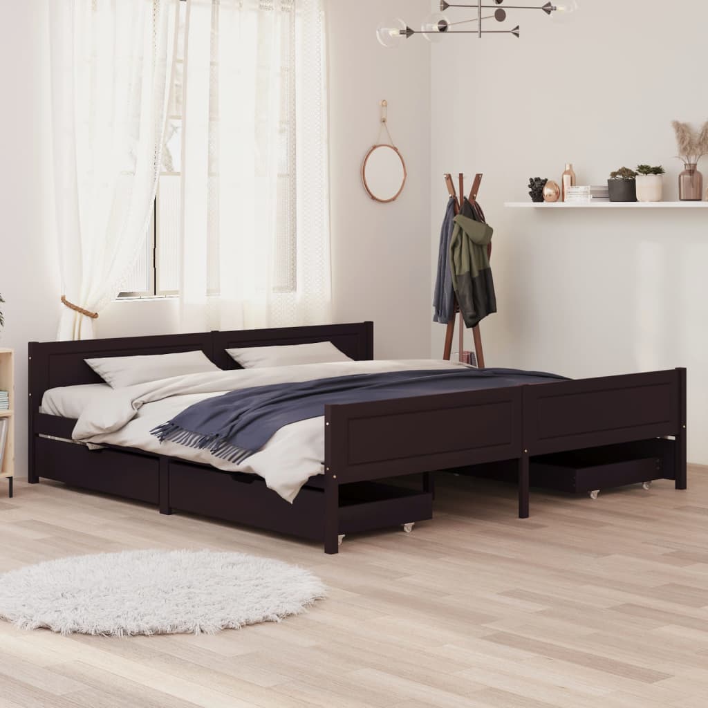 Berkfield Bed Frame with 4 Drawers Dark Brown 180x200 cm 6FT Super King Solid Wood Pine