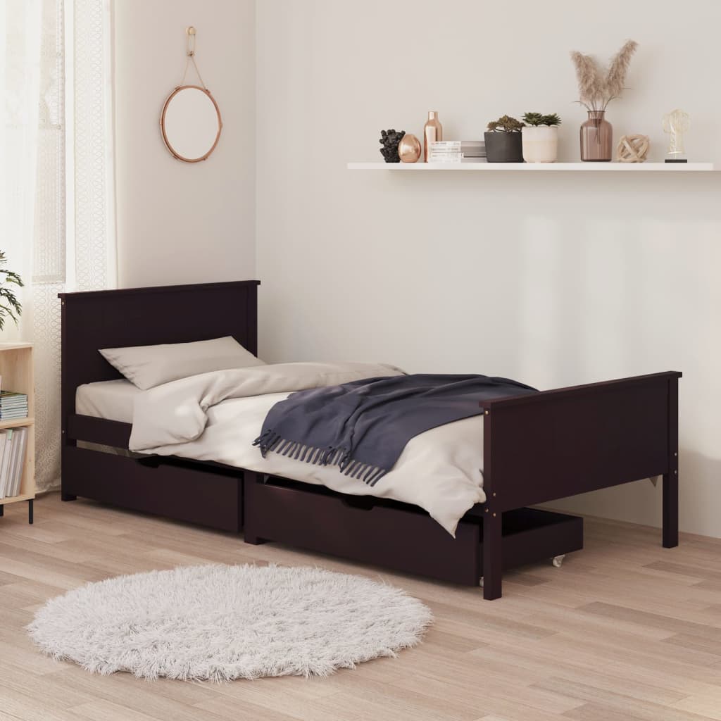 Berkfield Bed Frame with 2 Drawers Dark Brown 100x200 cm Solid Wood Pine