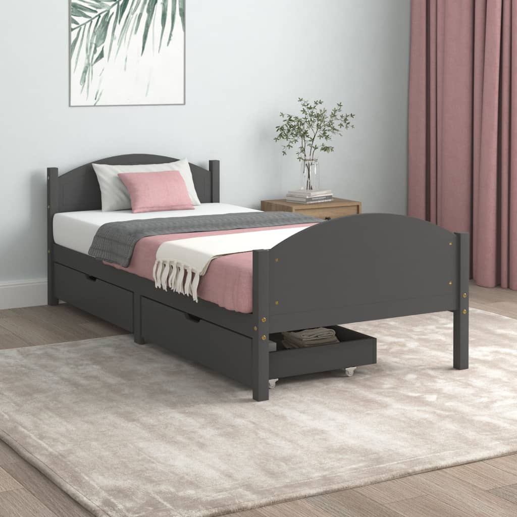 Berkfield Bed Frame with 2 Drawers Dark Grey Solid Wood Pine 100x200 cm