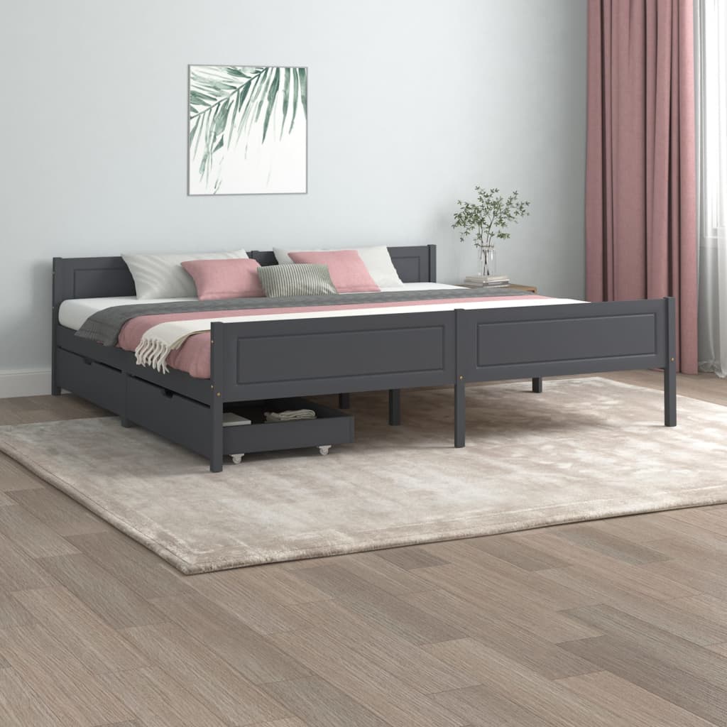 Berkfield Bed Frame with 2 Drawers Dark Grey Solid Wood Pine 200x200 cm