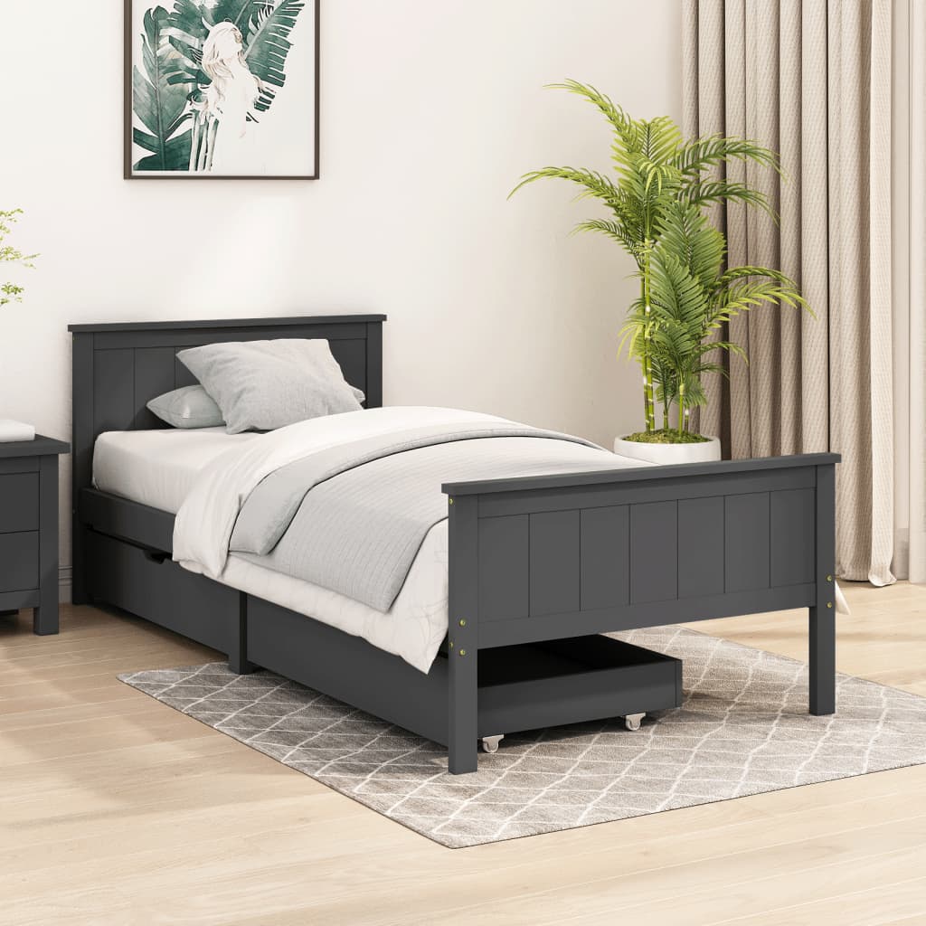 Berkfield Bed Frame with 2 Drawers Dark Grey Solid Wood Pine 90x200 cm
