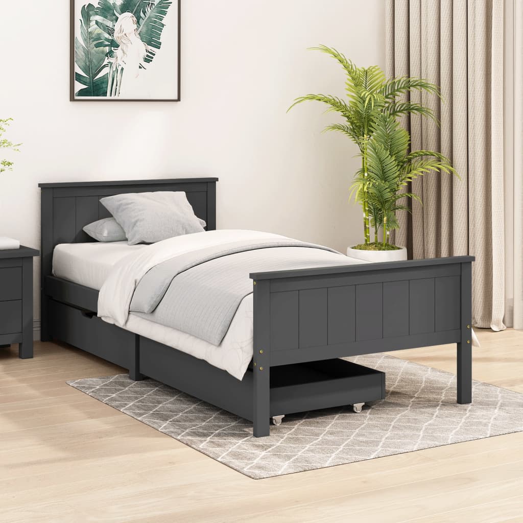Berkfield Bed Frame with 2 Drawers Dark Grey Solid Wood Pine 100x200 cm