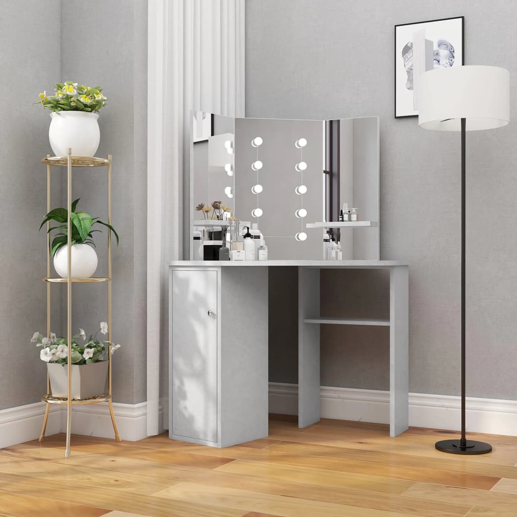 Berkfield Corner Dressing Table with LED Concrete Grey 111x54x141.5 cm