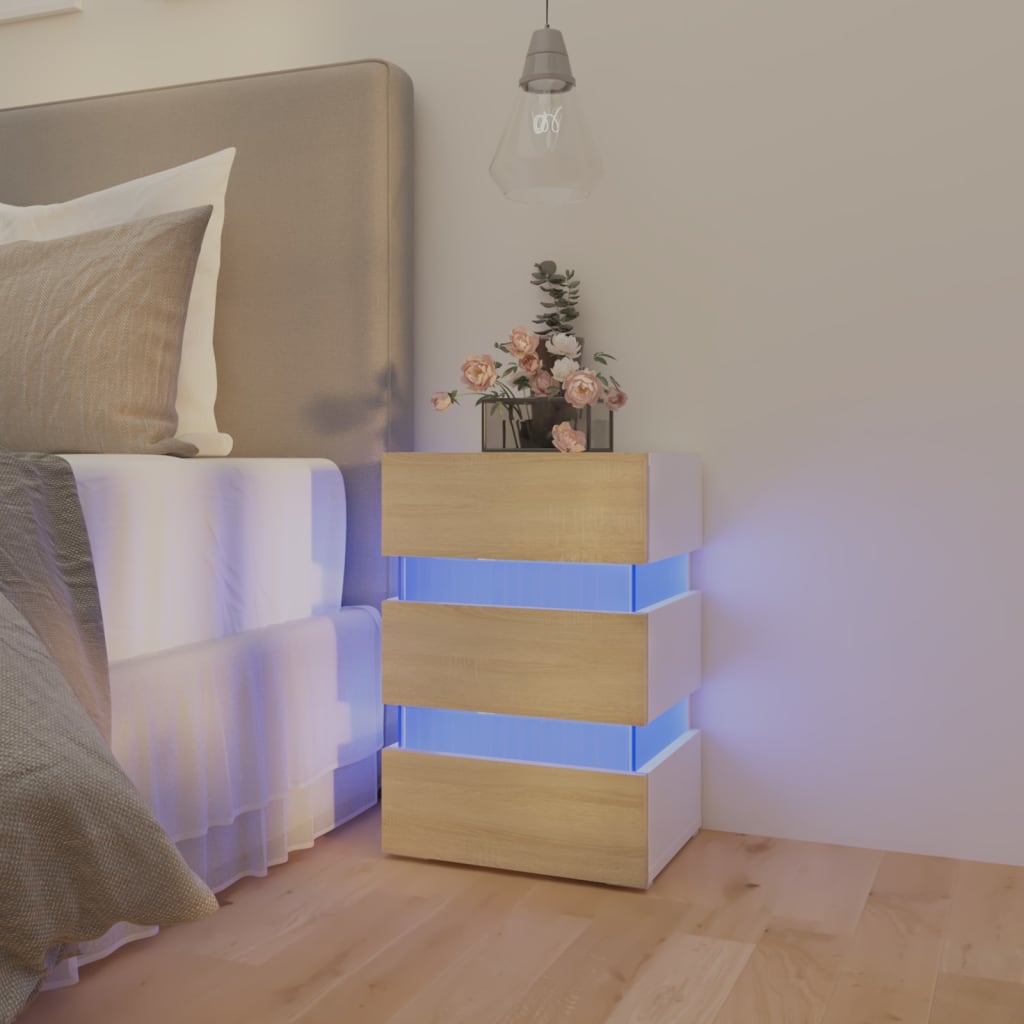 Berkfield LED Bedside Cabinet White and Sonoma Oak 45x35x67 cm Engineered Wood